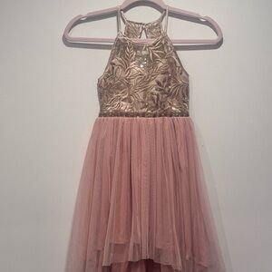 Rare Editions Dusty Pink and Gold Embroidered Tulle Halter Dress